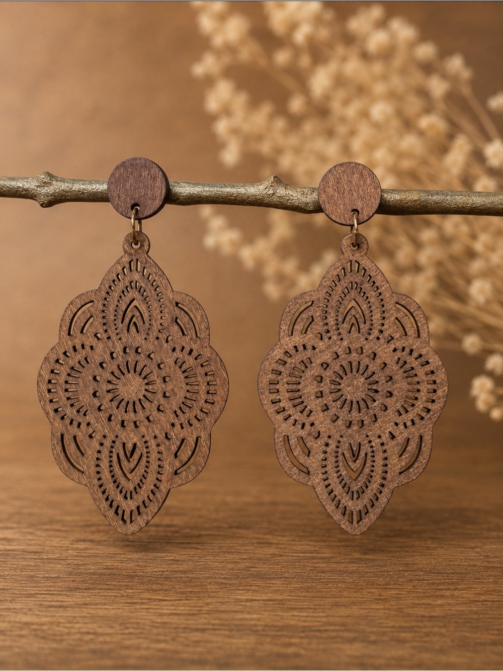 Wooden Filigree Drop Earrings in Brown